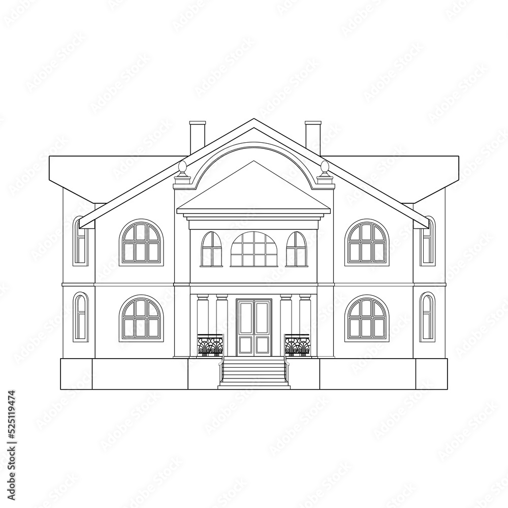 Beautiful two-story house with columns. Vector illustration