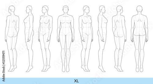 Set of XL Women Fashion template 9 nine head size Croquis plus size Lady model with main lines Curvy body figure front, side, 3-4, back view. Vector outline girl for Illustration, technical drawing