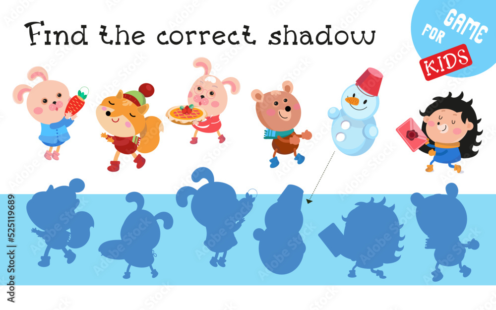 Find the correct shadow. Cute animal characters getting ready for Christmas. Educational game for children. Activity, vector illustration. Find the correct shadow. Cute animal characters getting ready for Christmas. Educational game for children. Activity, vector illustration.