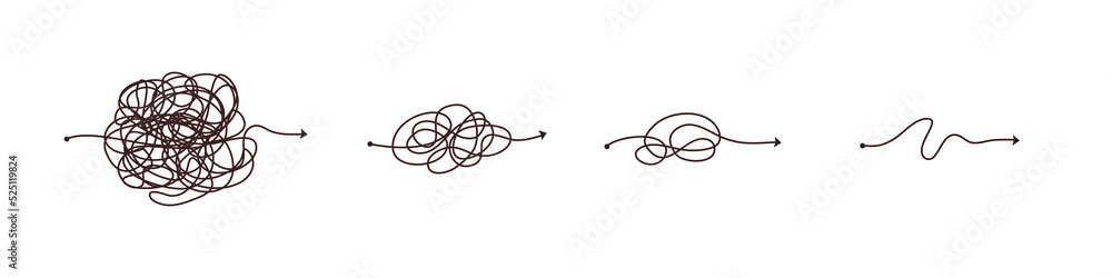 Simple line and complex easy way. Scribble doodle chaos mindset. Problem solving, difficult line. Vector hand drawn concept path Simple line and complex easy way. Scribble doodle chaos mindset. Problem solving, difficult line. Vector hand drawn concept path