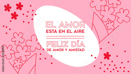 Plantilla vectorial en formato horizontal con concepto minimalista de ramo de flores en fondo rosa, ilustración lineal simple, espacio para texto y logotipo