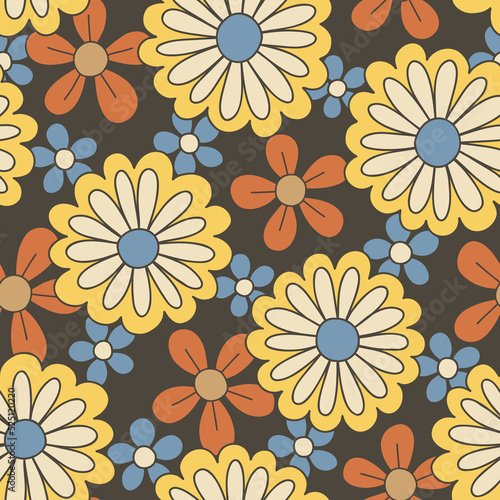 Colorful Large Scale Hand-Drawn Floral Vector Seamless Pattern. Retro 70s Style Nostalgic Daisies. Fashion Textile Bold Background. Summer Resort Print. Flower Power