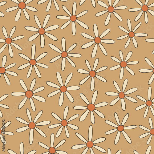 Colorful Ditsy Hand-Drawn Floral Vector Seamless Pattern. Retro 70s Style Nostalgic Daisies. Fashion Textile Bold Background. Summer Resort Print. Flower Power