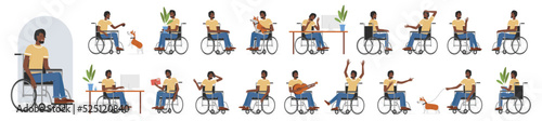 African american black active male character male with disability poses set vector illustration. Cartoon happy young man sitting in wheelchair in front, side and back view, walking dog, playing guitar