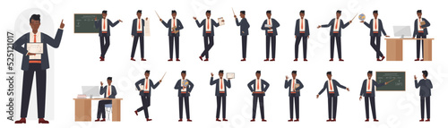 Black african american black young male teacher showing different poses and gestures set vector illustration. Cartoon man in suit holding pointer and globe explaining lecture front side and back view