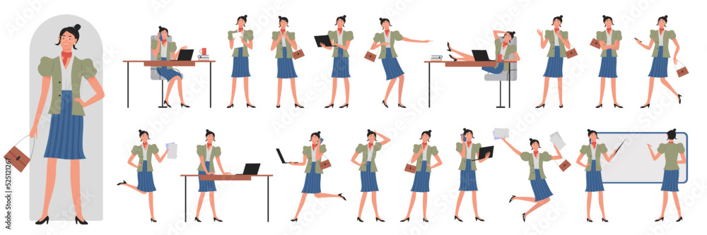 Busy business lady character in different situations and postures set vector illustration. Cartoon sad and happy female corporate worker, executive manager talking, showing poses isolated on white