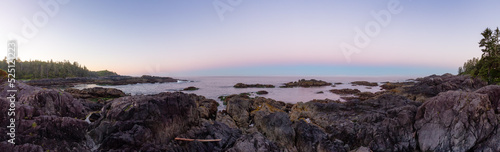 Rocky Coastline on the West Coast of Pacific Ocean. Twilight Sunrise Sky. Ucluelet, Vancouver Island, British Columbia, Canada. Nature Background Panorama