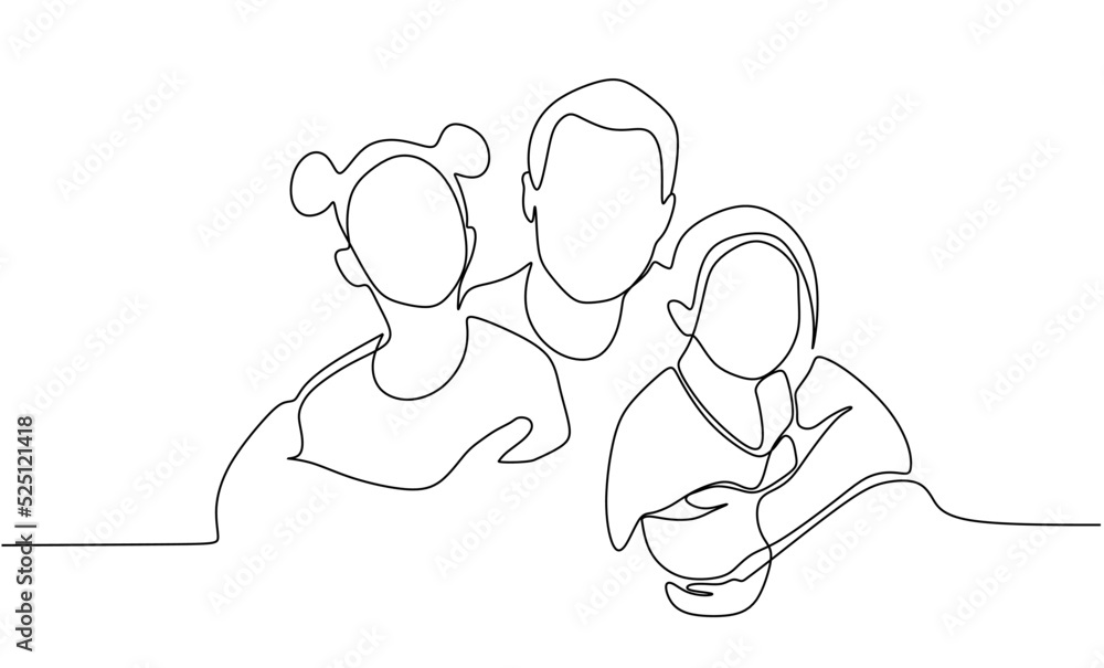 Continuous one line drawing vector illustration. Father with two kids in hands. Continuous one line drawing vector illustration. Father with two kids in hands.