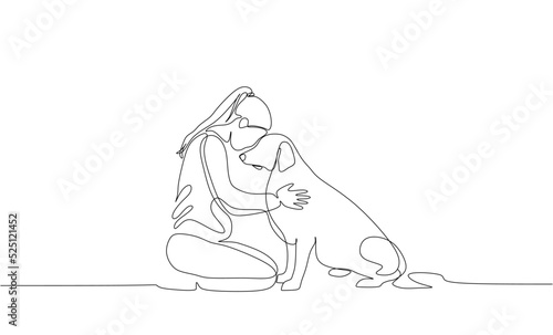 continuous line drawing of happy pet lover with dog vector illustration