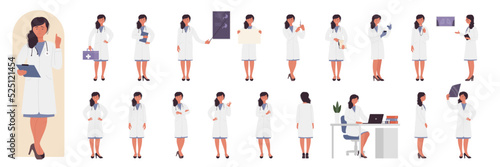 Doctor poses set vector illustration. Cartoon young woman working at hospital desk, standing with first aid box, posing in front, side and back view, showing xray presentation isolated on white