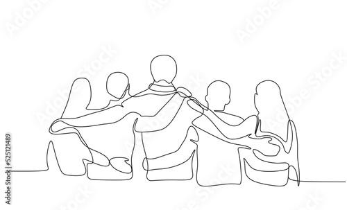 Single continuous line drawing about group of men and woman from multi ethnic standing and hugging together to show their unity bonding. Friendship concept one line draw design vector illustration