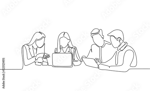 continuous line drawing of office workers at business meeting vector illustration