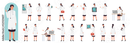 Female doctor poses set vector illustration. Cartoon posing actions of woman medical worker working in hospital, pointing to xray of patients skull, holding first aid box isolated on white. concept