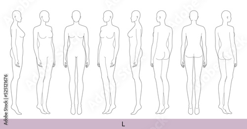 Set of L Women Fashion template 9 nine head size Croquis oversize Lady model Curvy body figure front, side, 3-4, back view. Vector sketch girl for Fashion Design, Illustration, technical drawing