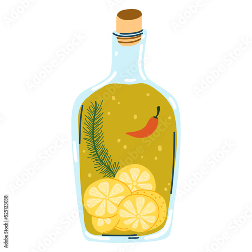 Vector illustration of glass jar with olive oil, herbs, lemons and red hot chili pepper in cartoon flat style. Mediterranean food, healthy eating, oil bottle, ingredients for cooking