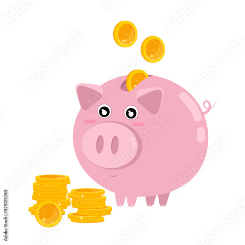 Piggy bank with coins. Deposit. Investments. Banking or business services concept.  Vector illustration of a piggy bank with gold coins in a flat style.
