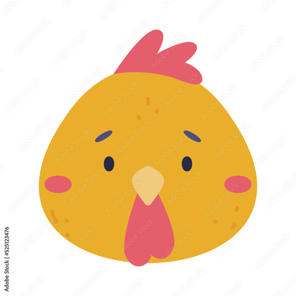 Head of rooster cute poultry bird. Nursery decoration, baby card or invitation design cartoon vector illustration Head of rooster cute poultry bird. Nursery decoration, baby card or invitation design cartoon vector illustration