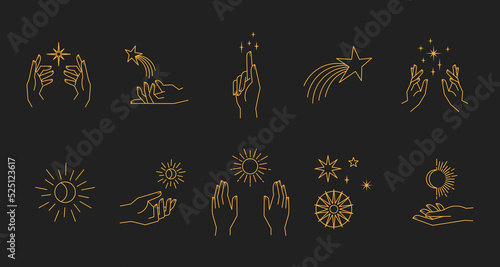 Aesthetic astral hands. Collection of cosmic and celestial elements with sun, moon and stars. Isolated editable linear vectors.