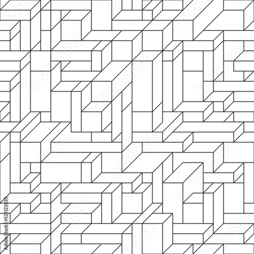 Seamless vector geometric black pattern of cubes and rectangles. Monochrome geometric pattern of lines in the form of cubes and rectangles.