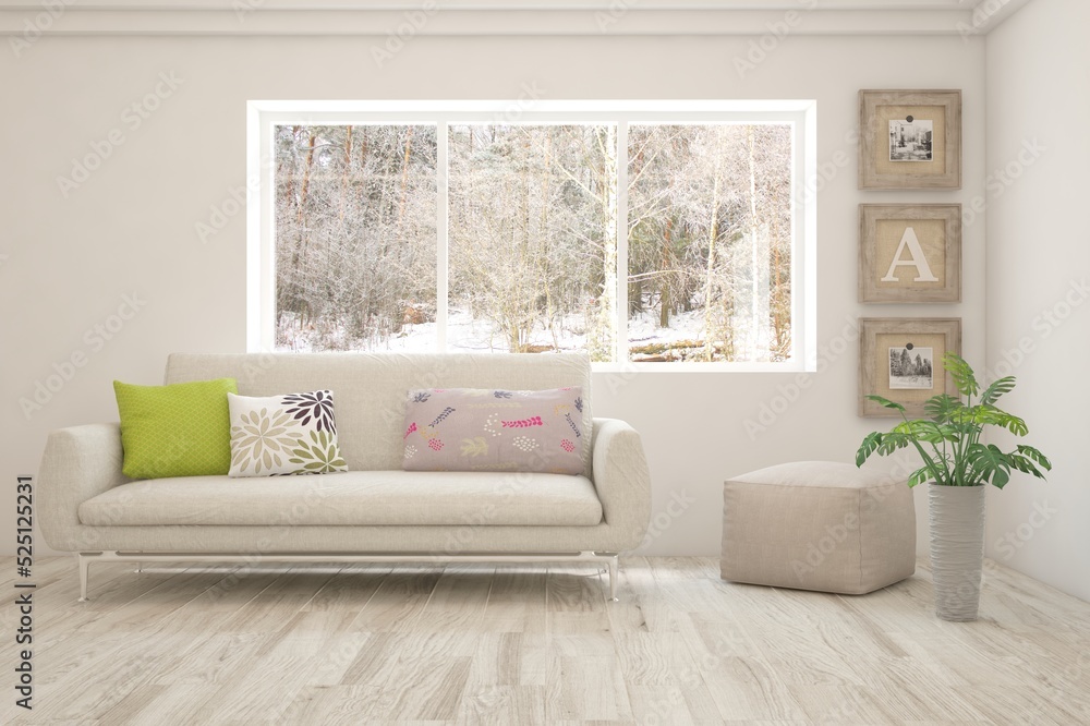 Fototapeta premium White living room with sofa and winter landscape in window. Scandinavian interior design. 3D illustration
