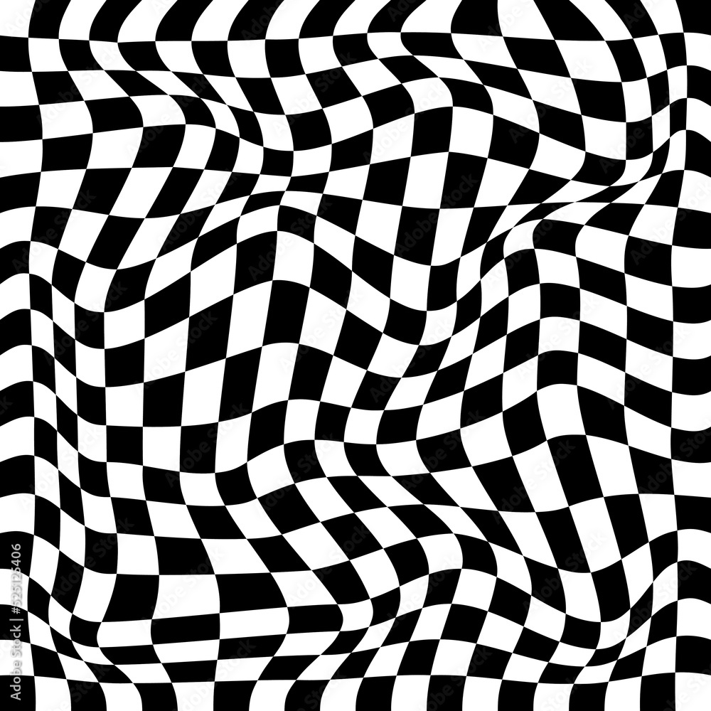 Obraz premium Distorted, deformed grids from checkered pattern. Abstract dynamical warp. Vector square deformation background. Black and white illustration.