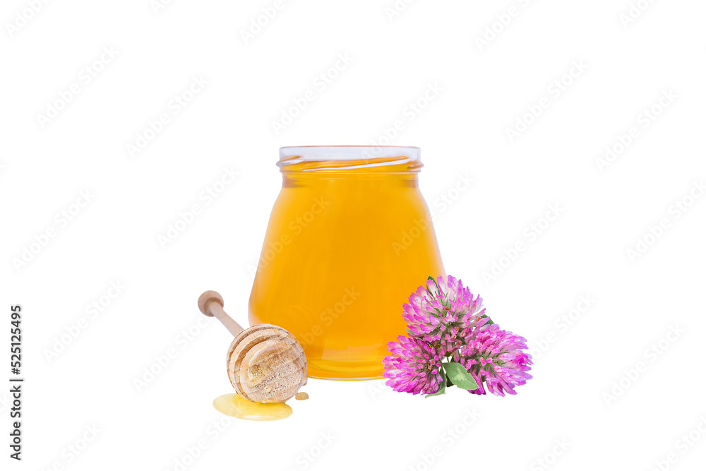 three clover flowers next to a jar of honey on a white background three clover flowers next to a jar of honey on a white background