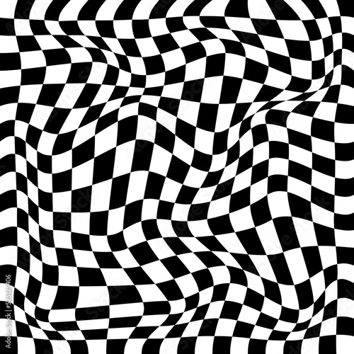 Distorted, deformed grids from checkered pattern. Abstract dynamical warp. Vector square deformation background. Black and white illustration.