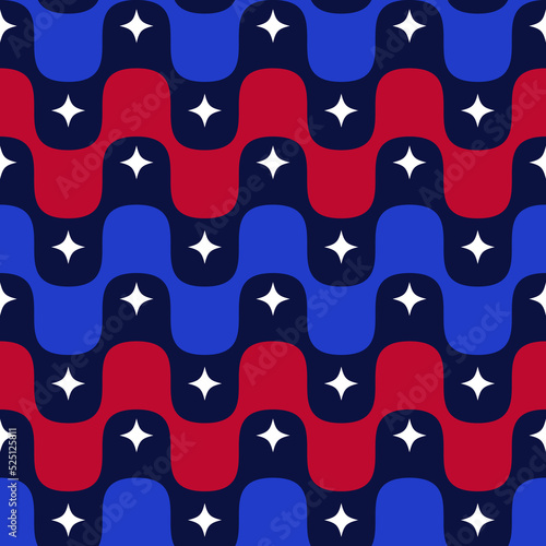 Red And Blue Wavy Stripes With White Stars. Stars And Stripes With The Colors Of The United States Of America Flag. Seamless Vector Pattern. 