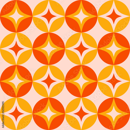 Retro Atomic Age Style Pattern Design With Stars And Circles. Retro Mid Century Modern Geometric Seamless Pattern.
