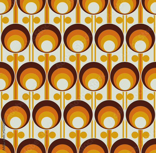 Retro Scandinavian Geometric Floral Pattern. 1970s Mid Century Modern Style Geometric Flowers In A Retro Color Palette With Shades Of Brow And Orange.