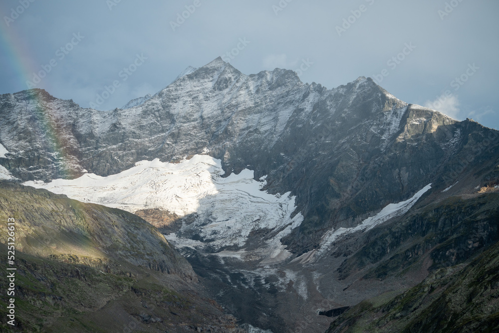 Amazing aereal view from the austrian national park hohe tauern at the glacier in the mountains.