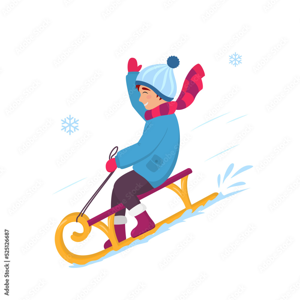 Happy boy sledding down on the snow. Smiling child riding on sleigh. Winter outdoor activity. Isolated on white background. Flat design vector illustration