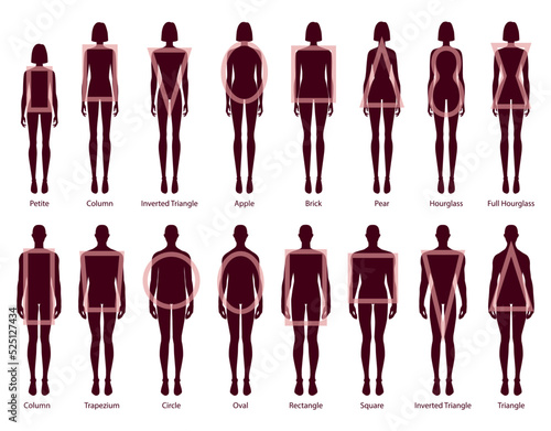 Set of Women Men body shapes silhouette types. Male and Female Vector illustration in cartoon style 9 head size Gentlemen and lady figure view. Vector outline isolated boy and girl for illustration.