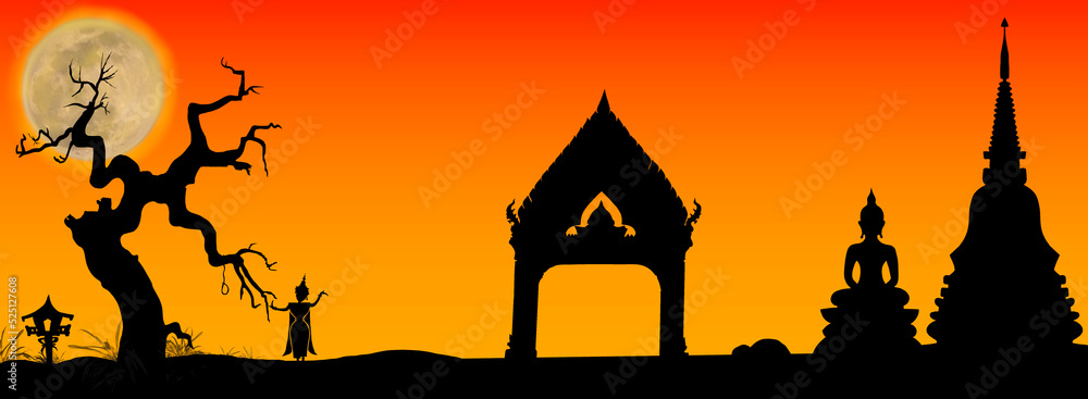 Panorama of cemetery. Silhouettes of buddhist temple ,moon, trees etc isolated on background. Black illustration for Halloween Thai style.