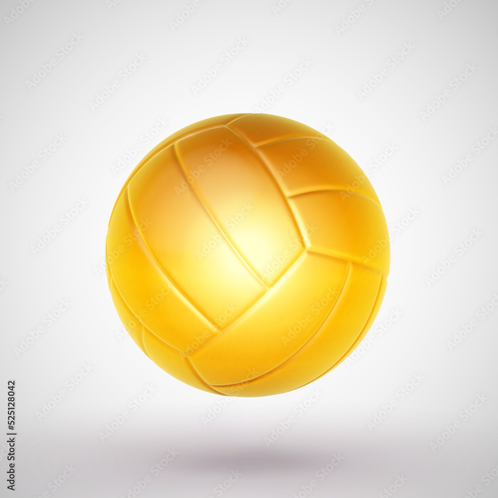 Realistic 3D golden volleyball ball on white background. Award or cup for winner of sport games. Concept of high sports achievement or trophy winning. EPS 10 vector illustration.