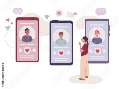 Single woman is looking at men's profiles in online dating app. Choice. Online communication, dating application. Flat vector illustration.