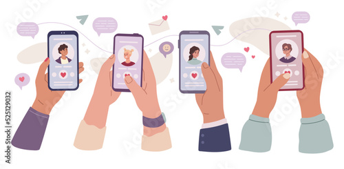 Set of hands holding smartphones with online dating application. Likes, choice. Profiles. Virutal dating and communication. App. Online dating service. Flat vector illustration. 
