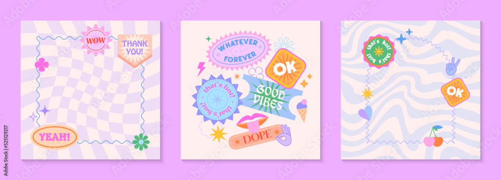 Vector set of cute fun templates with frames,patches,stickers in 90s style.Modern symbols in y2k aesthetic with text.Trendy groovy designs for banners,social media marketing,branding,packaging,covers Vector set of cute fun templates with frames,patches,stickers in 90s style.Modern symbols in y2k aesthetic with text.Trendy groovy designs for banners,social media marketing,branding,packaging,covers