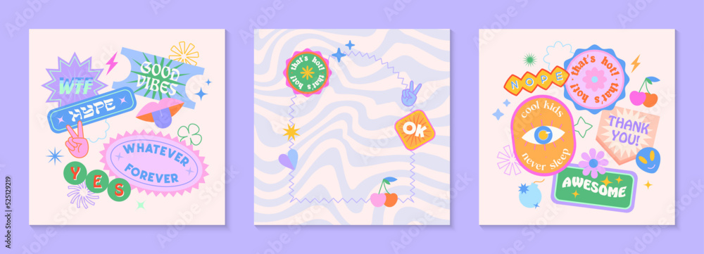 Vector set of cute funny templates with patches and stickers in 90s style.Modern symbols in y2k aesthetic with text.Trendy kidcore designs for banners,social media marketing,branding,packaging,covers