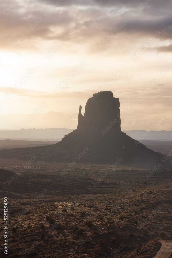 Desert Rocky Mountain American Landscape. Morning Dramatic Sunrise Sky Art Render. Oljato-Monument Valley, Utah, United States. Nature Background