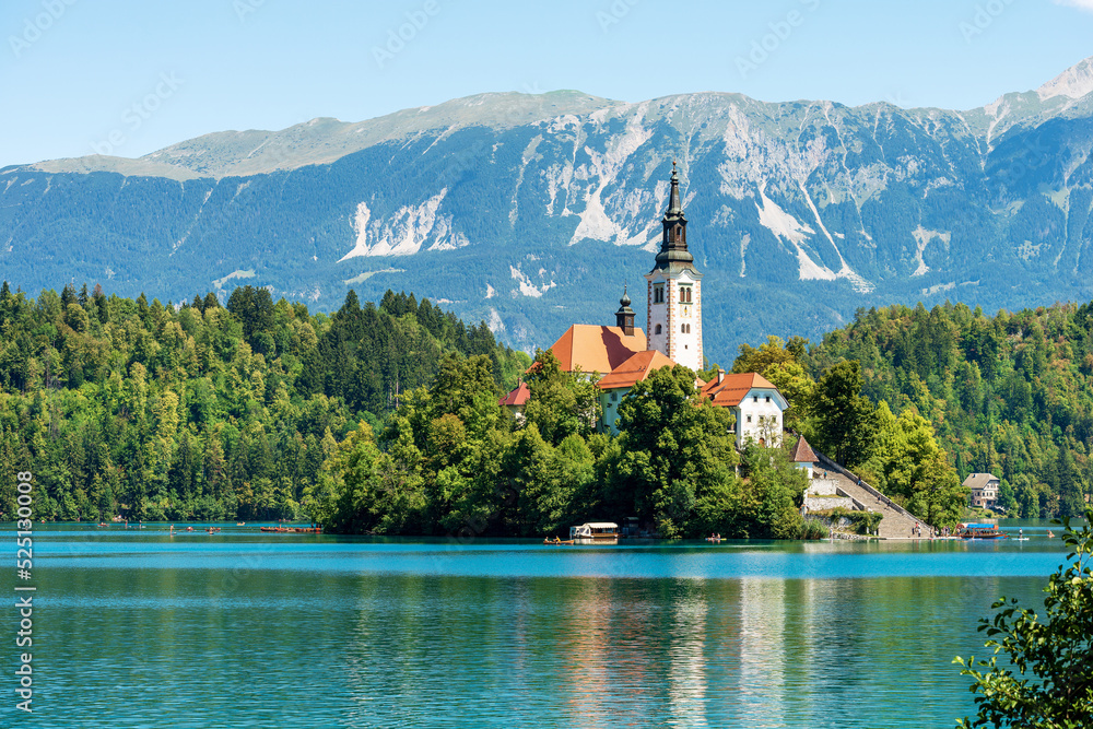 Lake Bled and Bled Island with the ancient Church of the Mother of God on the Lake (Cerkev Matere bozje na jezeru), XVII century. Bled town, Gorenjska, Triglav National Park, Alps, Slovenia, Europe.