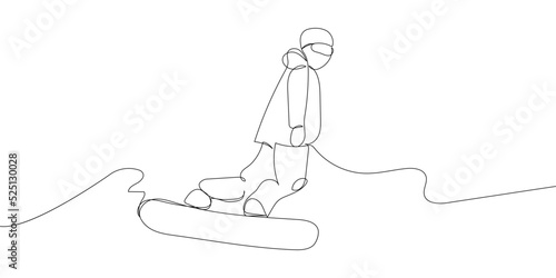 Human doing tricks on a snowboard one line art. Continuous line drawing sport, winter sports, do tricks, snowboarding, competition, extreme, uniform, man, woman, teenager, leisure, hobby.