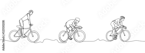 Athletes in a protective helmet rides bicycle set one line art. Continuous line drawing sports, training, sport, leisure, race, bike, cycle racing, tricks, street culture, urban, extreme, woman, man.