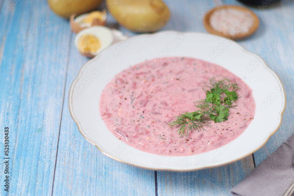 A plate with cold beetroot soup - national dish of Baltic region A plate with cold beetroot soup - national dish of Baltic region