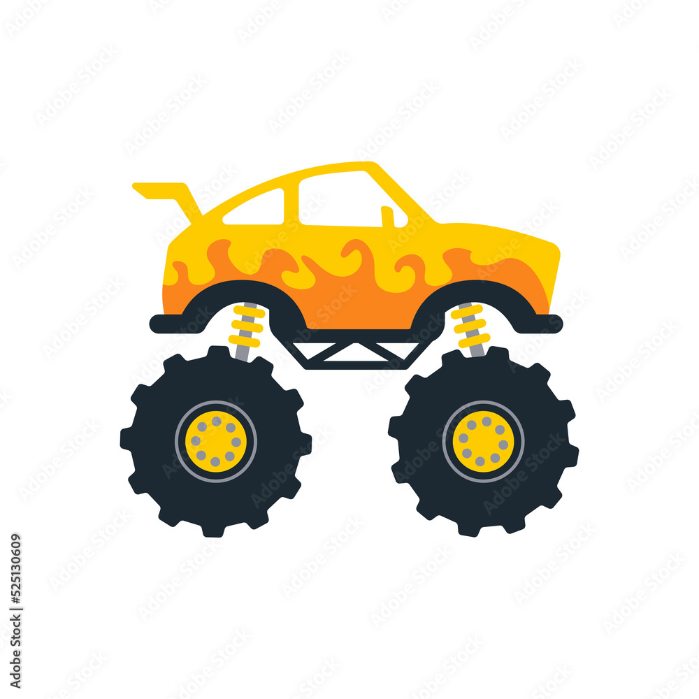 Set of monster trucks. Vector pickup truck with big wheels Cartoon car design ideas for boys.