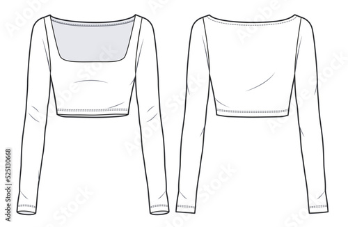 Long Sleeved Crop Top fashion technical drawing template. Women's cropped Shirt fashion flat Illustration, square neckline, long sleeve, slim fit, front,  back view, white colour, women, CAD mockup.