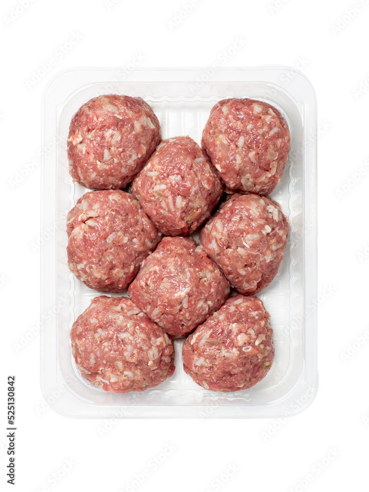 Turkey meat balls  in food container on white background. Top view.