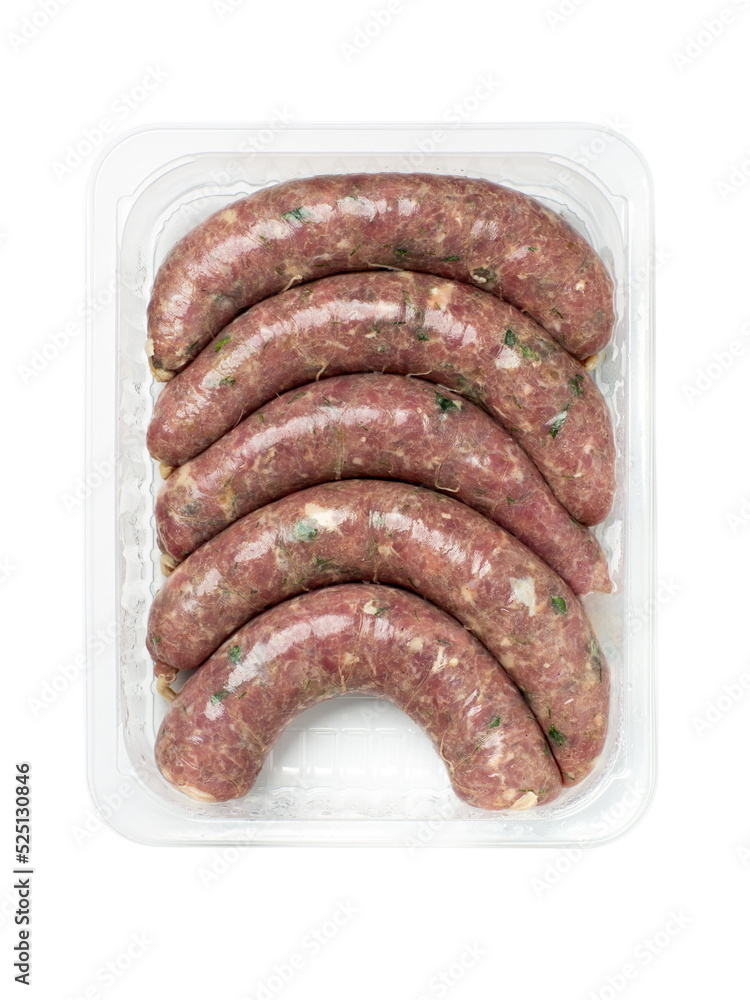 Turkey meat sausages in food container on white background. Top view. Turkey meat sausages in food container on white background. Top view.