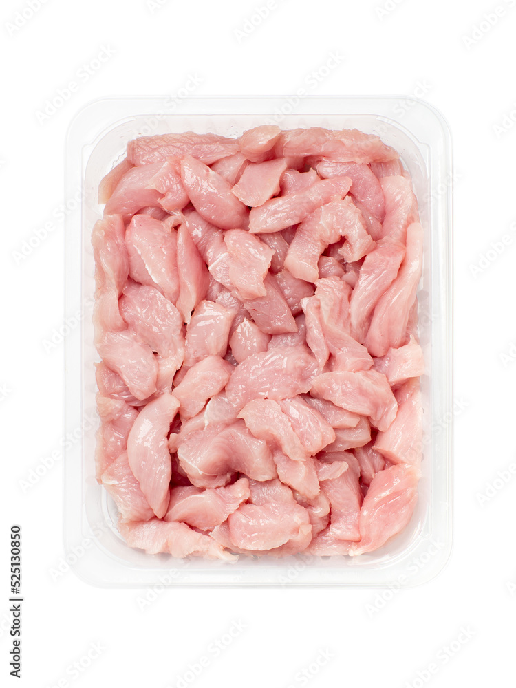 Turkey breast meat fillet sliced on pieces in food container on white background. Top view. Turkey breast meat fillet sliced on pieces in food container on white background. Top view.