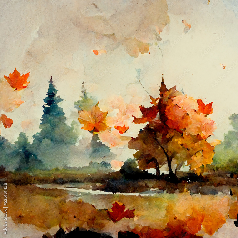 watercolor painting of an autumn landscape. autumn watercolor background